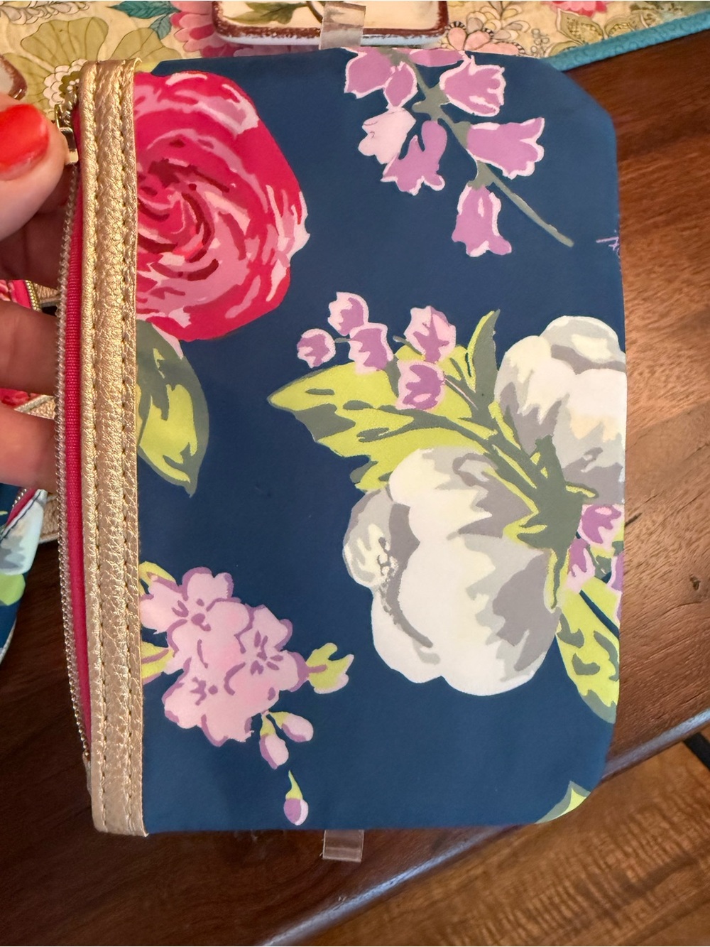 Floral Accent Navy Crossbody Wristlet with Gold Trim